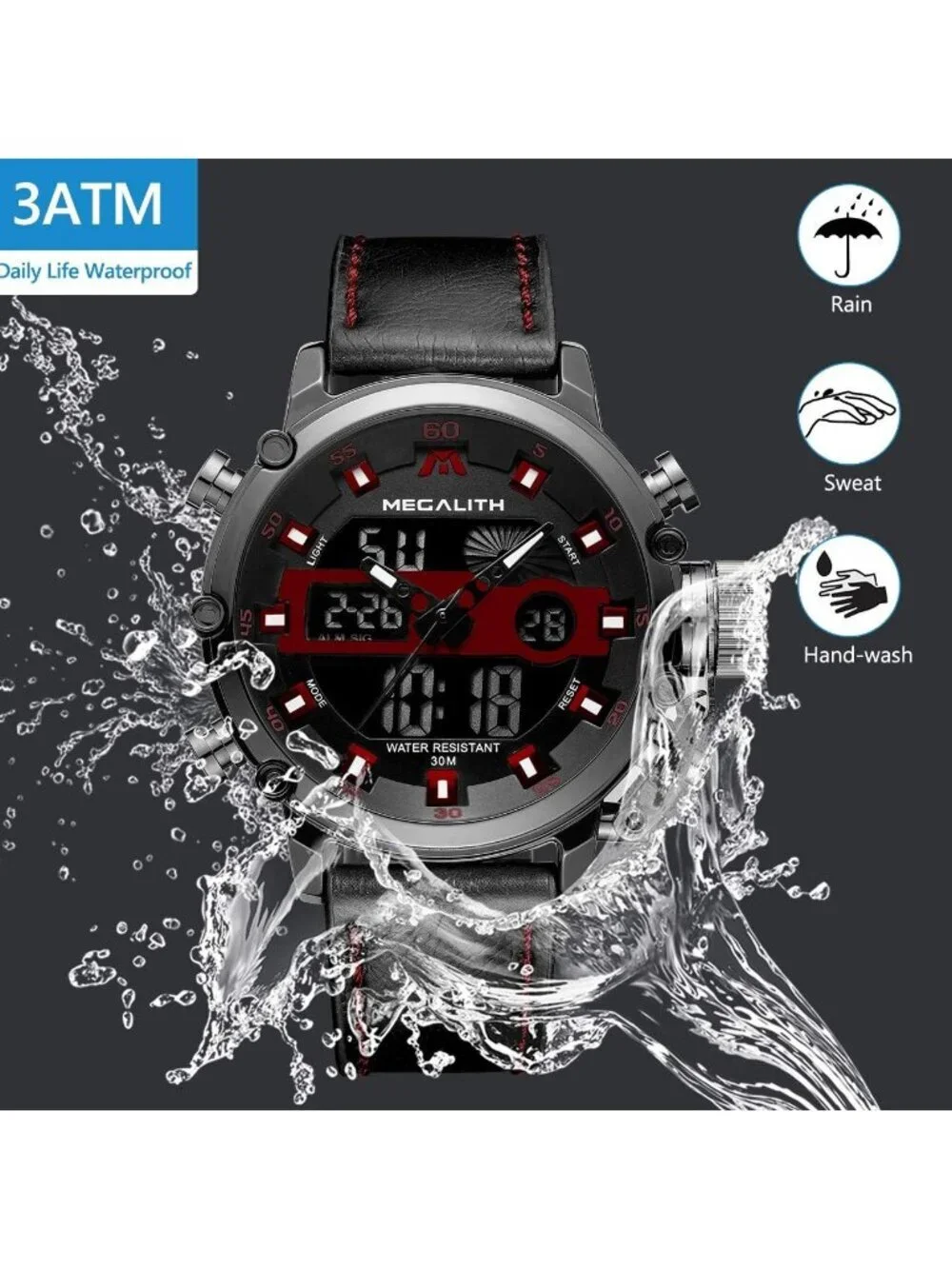 Men's Black And Red Analog Leather Strap Waterproof Multifunction Digital Watch